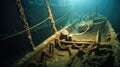 Shipwrecked Titanic, Remains of sunken ship wreck at the bottom of the ocean, Interior of a decaying wreckage at the bottom of the