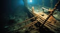 Shipwrecked Titanic, Remains of sunken ship wreck at the bottom of the ocean, Interior of a decaying wreckage at the bottom of the