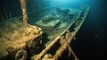 Shipwrecked Titanic, Remains of sunken ship wreck at the bottom of the ocean, Interior of a decaying wreckage at the bottom of the