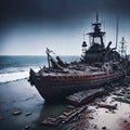 Shipwrecked World. Post-apocalyptic coastal scene with sunken ships, washed-up debris