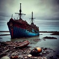 Shipwrecked World. Post-apocalyptic coastal scene with sunken ships, washed-up debris