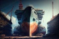 shipyard full of massive, modern ships under construction