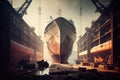 shipyard full of massive, modern ships under construction