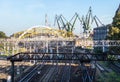 Shipyard in Gda?sk, Poland. Railways and cranes in the harbor view from the bridge. Royalty Free Stock Photo