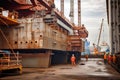 Shipyard with large cranes and workers constructing a cargo ship, welding and assembling massive steel plates Royalty Free Stock Photo