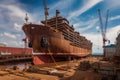 shipyard, with massive ship being built from the keel up