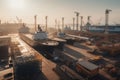 a shipyard, with a multitude of civilian and military vessels being constructed