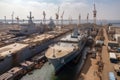 a shipyard, with a multitude of civilian and military vessels being constructed