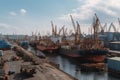 shipyard, with rows of ships docked for maintenance and repair