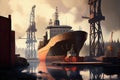 shipyard's floating dock, with newly built ship in the background Royalty Free Stock Photo