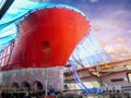 Shipyard Ship mooring in floating dock under repair