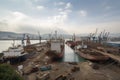 shipyard, with ships under construction, and view of distant city skyline