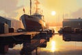 shipyard at sunrise, with the sun shining on freshly painted boats