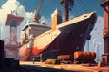 shipyard, with towering cranes and bustling activity, building cargo ship Royalty Free Stock Photo