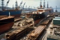 shipyard, with a variety of different vessels in various stages of construction and completion