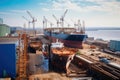 shipyard, with a variety of different vessels in various stages of construction and completion