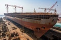 shipyard, with view of massive ship under construction on floating drydock