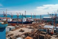 shipyard with view of the ocean, surrounded by busy work of seamen and shipbuilders