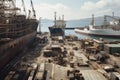 shipyard with view of the ocean, surrounded by busy work of seamen and shipbuilders