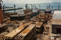 shipyard with view of the ocean, surrounded by busy work of seamen and shipbuilders