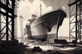 shipyard, with view of a ship being built from the hull up