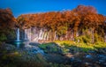 Shiraito Falls with Colorful autumn leaf in Fujinomiya, Shizuoka, Japan. Royalty Free Stock Photo