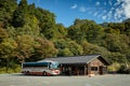 Shirakawa, Gifu, Japan - October 2022 - Shirakawago tourist bus center during fall foliage in the autumn season with few tourists