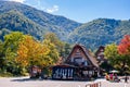 Shirakawa, Gifu, Japan - October 2022 - Shirakawago tourist center during fall foliage in the autumn season with few tourists afte