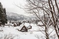 Shirakawago village with snow fall in winter season . Landmark of Gifu , Takayama , Japan
