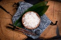 Shirataki rice or noodles on wooden table background. Konnyaku from konjac yam for wok. Healthy japanese diet. Gluten free, KETO Royalty Free Stock Photo