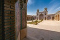 Shiraz, Iran-04.17.2019: Courtyard of the Pink Mosque, Nasir al-Mulk, with no people. Beautiful mosque built by Qajar