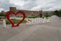 Shiraz, Iran - 04.18.2019: I love Shiraz sign in front of Castle of Karim Khan on a cloudy day.