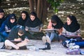 Shiraz, Iran - May 20, 2017. Girls in traditional head scarfs during classes of art