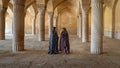 Two Iranian women talking in prayer hall of Vakil Mosque with columns, Shiraz, Iran
