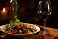 shiraz wine near a plate of curry
