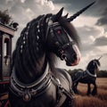 Shire Horse unicorn, red eyes, next to wagon they will be pulling.field Royalty Free Stock Photo