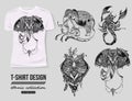 -shirt design with hand-drawn ethnic animals collection, mehendi tatoo style. White isolated t-shirt. Ethnic african