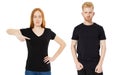 Shirt design and people concept - close up of red hair man and woman in blank black t-shirt front isolated Royalty Free Stock Photo