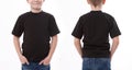 Shirt design and people concept - close up of young man in blank black tshirt front and rear isolated. Mock up template