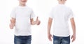Shirt design and people concept - closeup of young man in blank black tshirt front and rear isolated. Mock up template