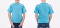 Shirt design and people concept - close up of young man in blank blue tshirt front and rear isolated. Mock up template Royalty Free Stock Photo