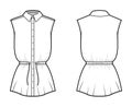 Shirt drawstring gathered waist technical fashion illustration with tie, sleeveless, tunic length, classic collar