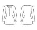 Shirt dress mini technical fashion illustration with henley neck, long sleeves, fitted body, Pencil fullness, stretch