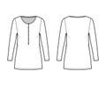 Shirt dress mini technical fashion illustration with henley neck, long sleeves, oversized, Pencil fullness, stretch