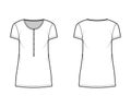 Shirt dress mini technical fashion illustration with henley neck, short sleeves, oversized, Pencil fullness, stretch