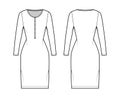 Shirt dress technical fashion illustration with henley neck, long sleeves, knee length, fitted body, Pencil fullness.