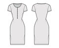 Shirt dress technical fashion illustration with henley neck, short sleeves, knee length, fitted body, Pencil fullness. Royalty Free Stock Photo