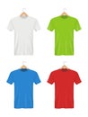 Shirt on hanger. Colored blank clothes for adults male and female polo t-shirts. Vector realistic empty template