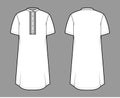 Shirt kurta technical fashion illustration with short sleeves, embellished henley neck. Flat indian shalwar qameez tunic