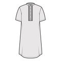 Shirt kurta technical fashion illustration with short sleeves, embellished henley neck. Flat indian shalwar qameez tunic